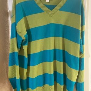 Kim Gravel women’s V-Neck Stripe Sweater in Teal and Lime
